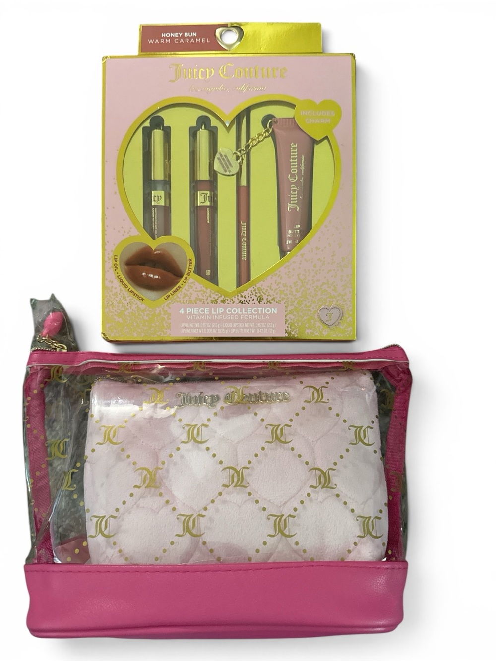 Juicy Couture Pink and Gold 4-Piece Lip Set with Pink Clear Pouch